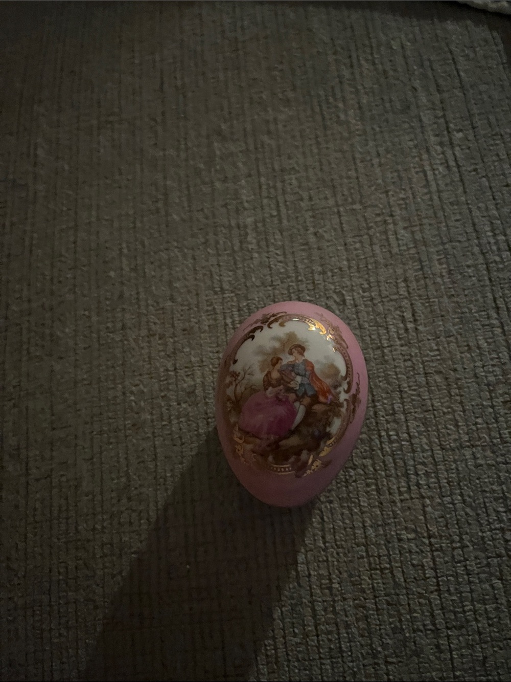 Limoge Pink Decorative Porcelain Trinket Egg with Romantic Scene